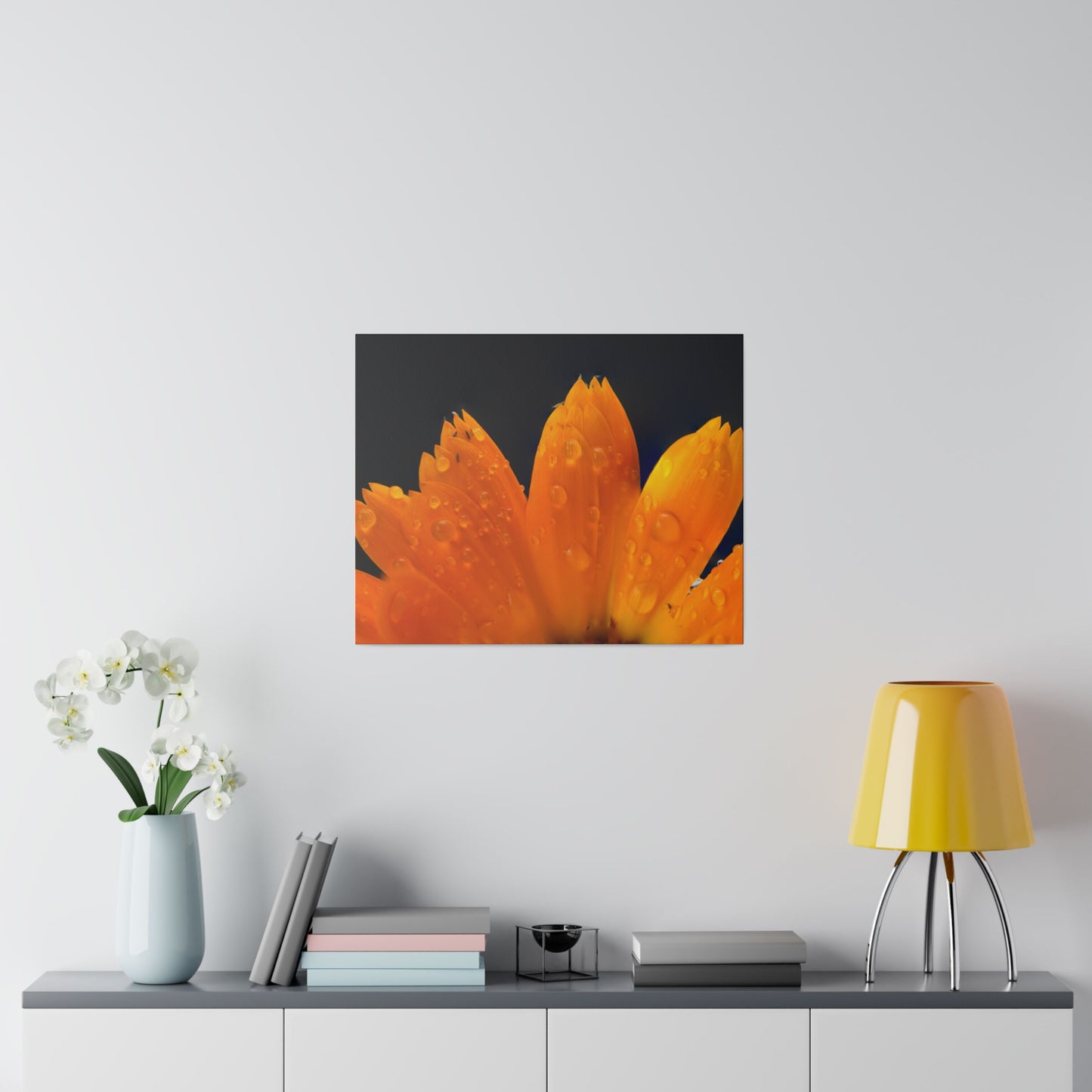 Orange flower petals drenched in dew printed on a stretched matte canvas