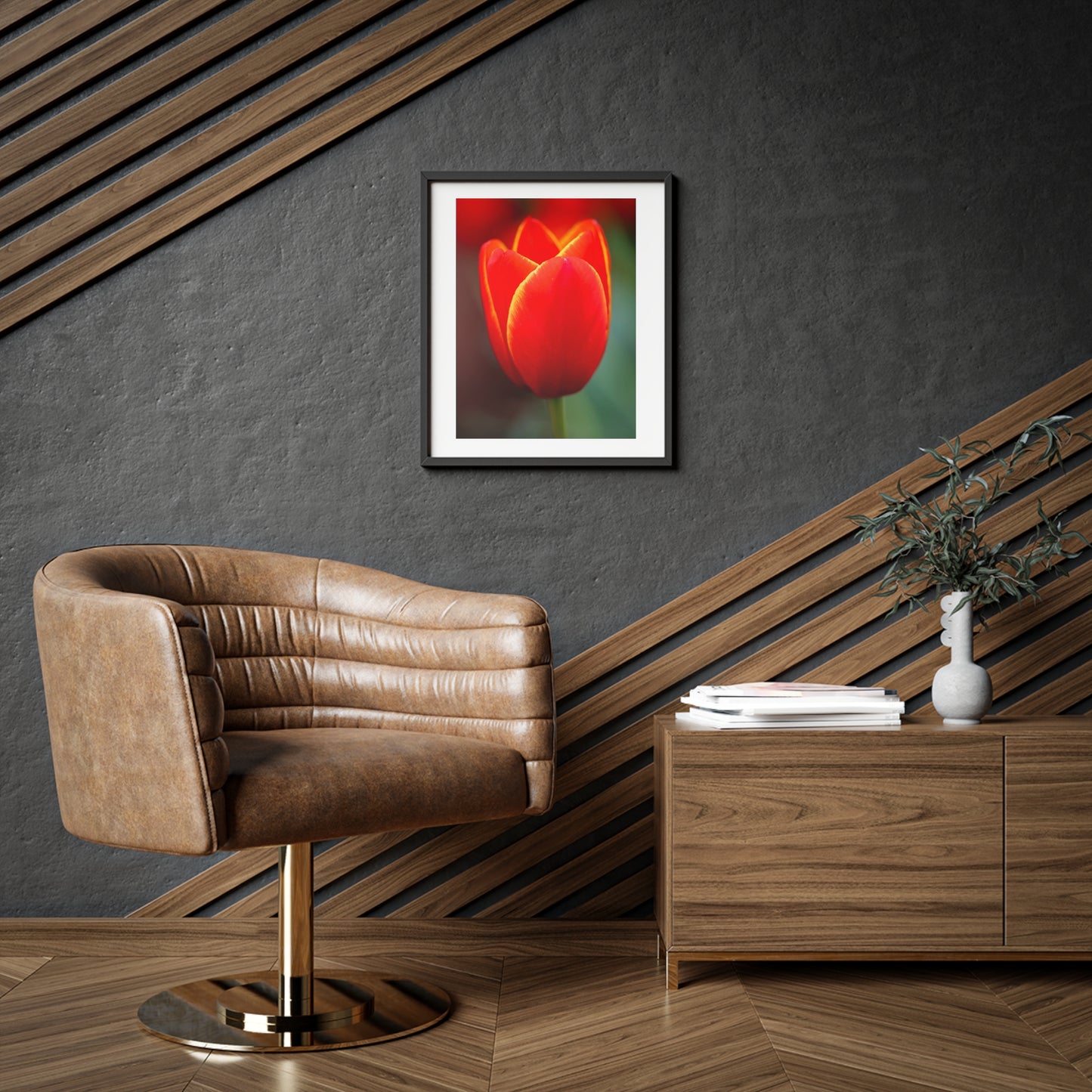 Fiery red and yellow tulip on a framed matte  poster