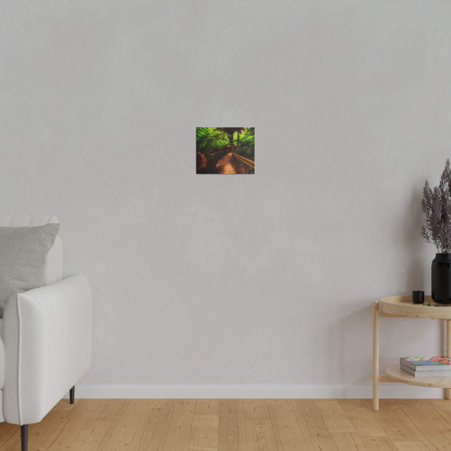 Wooden bridge winding through a lush forest of tall ferns printed on a stretched matte canvas