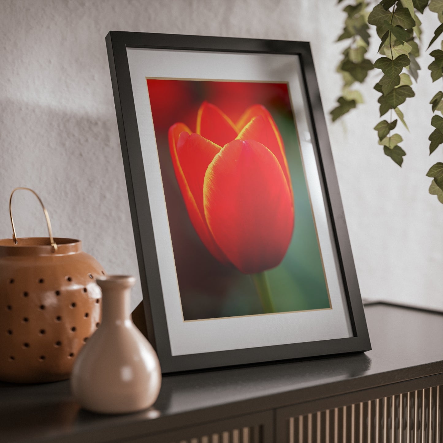 Fiery red and yellow tulip in a black framed poster