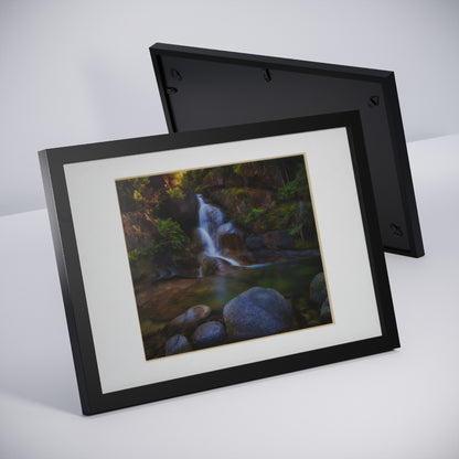 Watercolor styled print of the Ladies Bath falls on a black framed poster