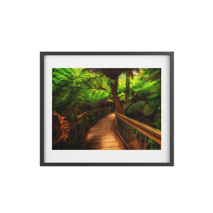 Wooden bridge winding through a lush forest of tall ferns printed on a framed matte poster