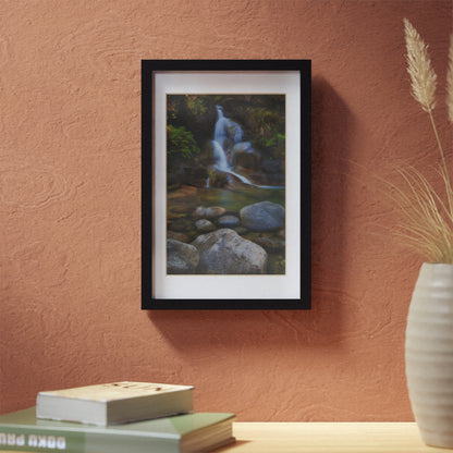 Watercolor styled print of the Ladies Bath falls on a black framed poster