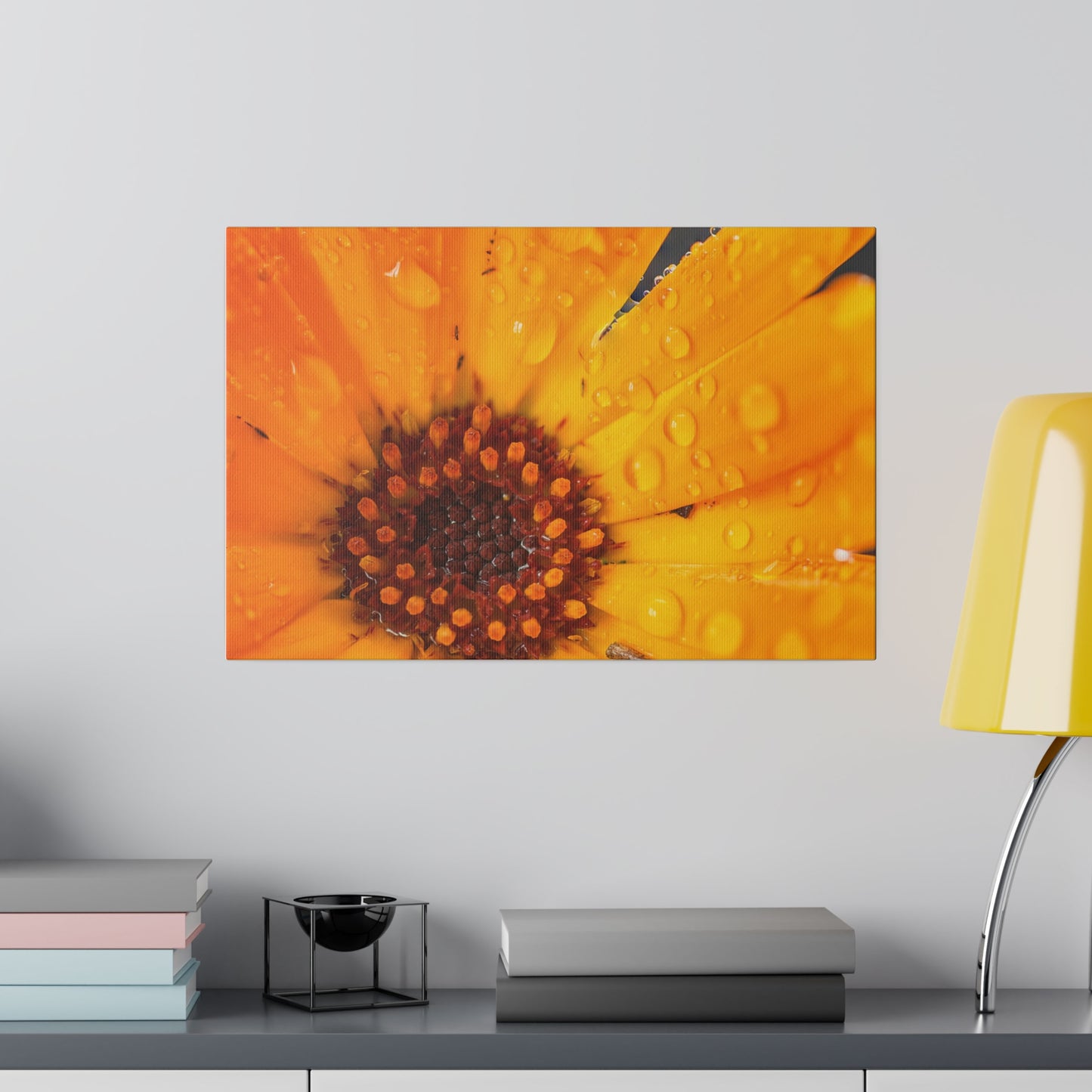 Orange flower petals drenched in dew printed on a stretched matte canvas