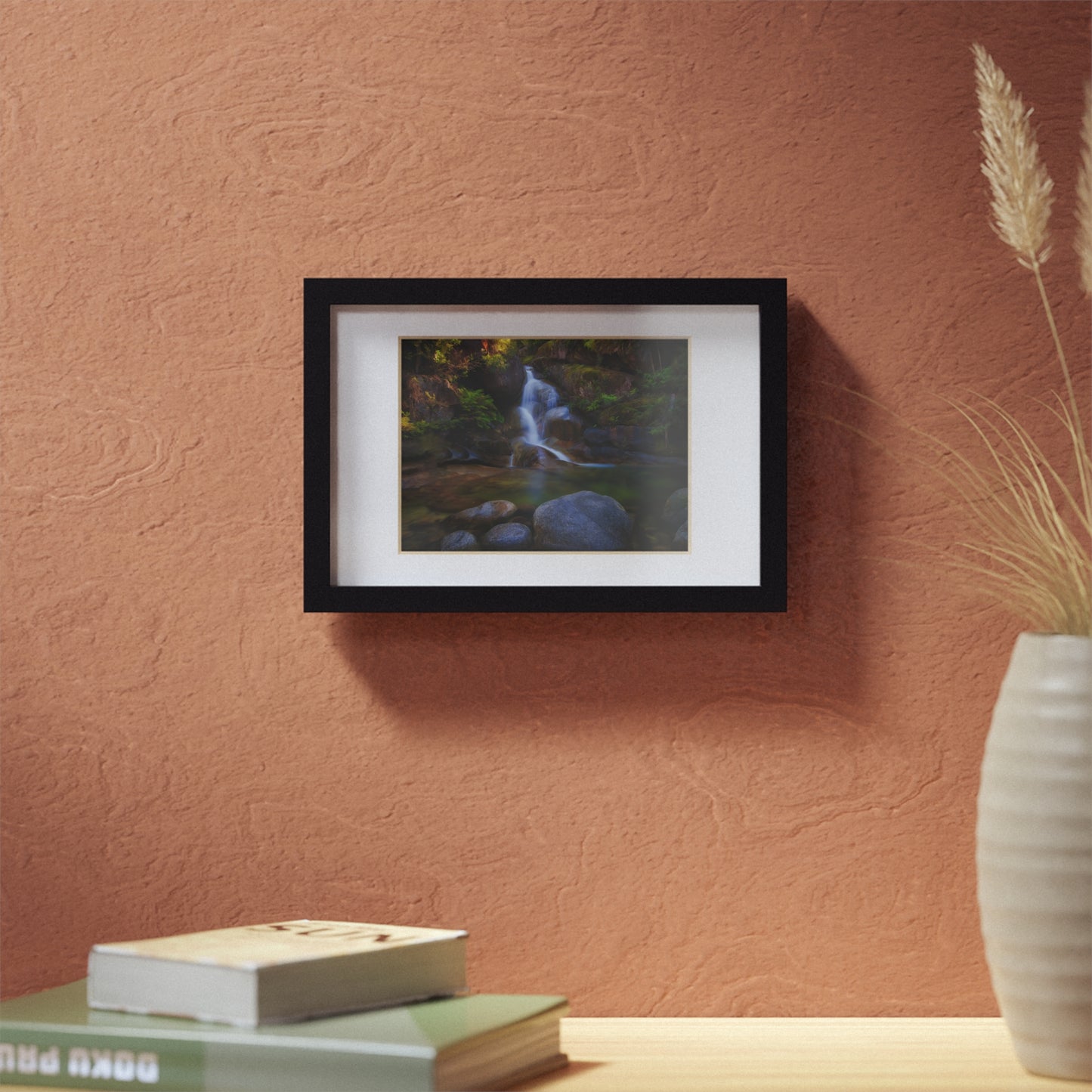 Watercolor styled print of the Ladies Bath falls on a black framed poster