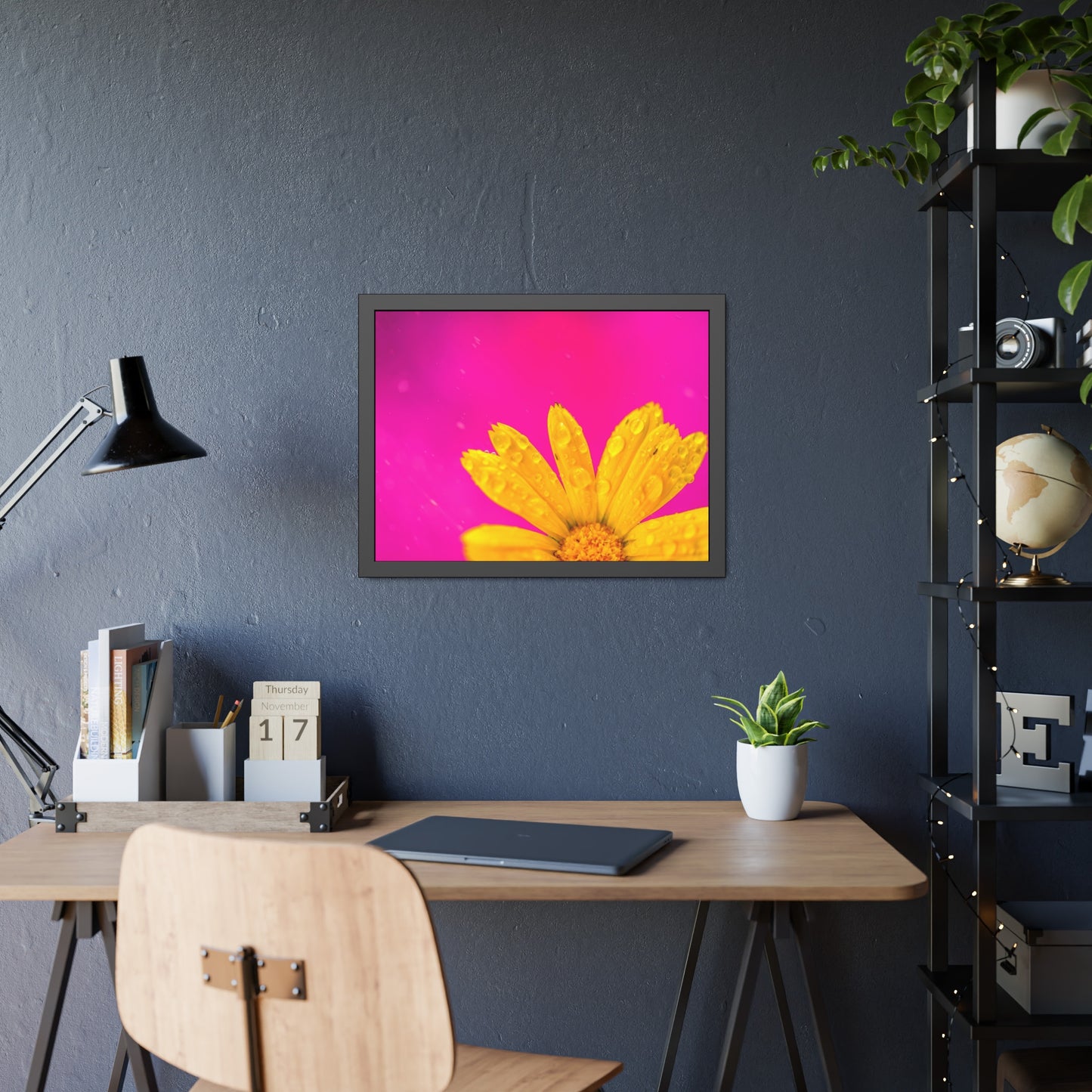 Beautiful yellow flower printed on a framed paper poster