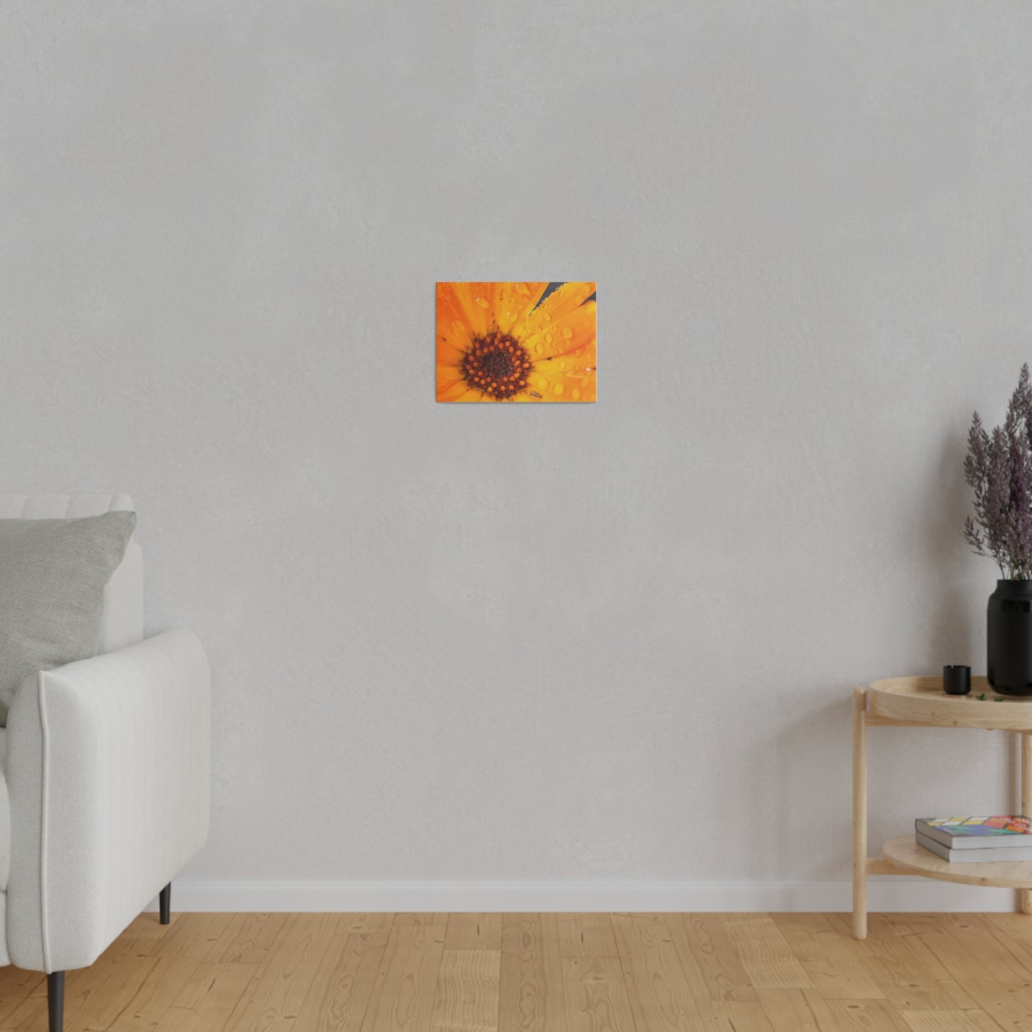 Orange flower petals drenched in dew printed on a stretched matte canvas