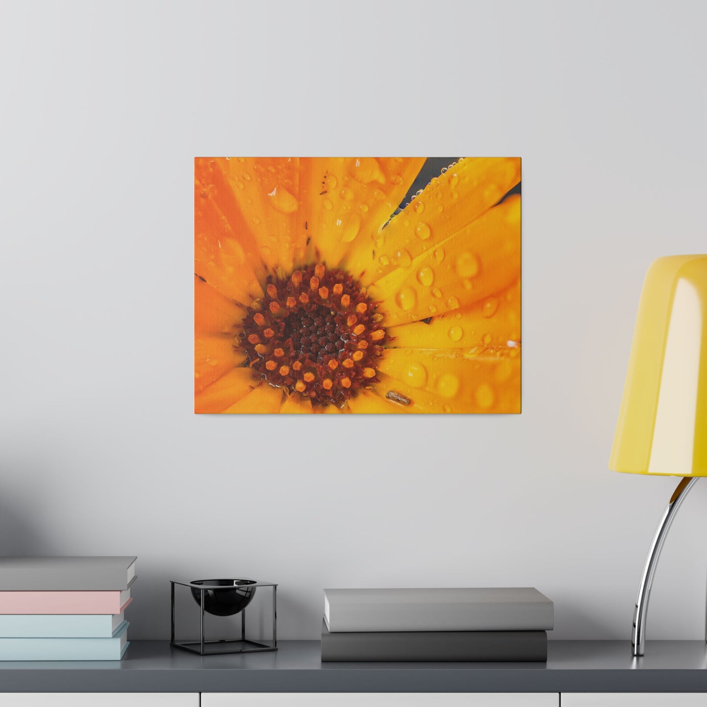 Orange flower petals drenched in dew printed on a stretched matte canvas