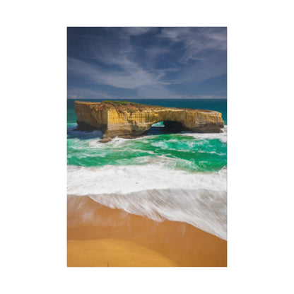 The London Bridge arch with crashing waves printed on a stretched matte canvas