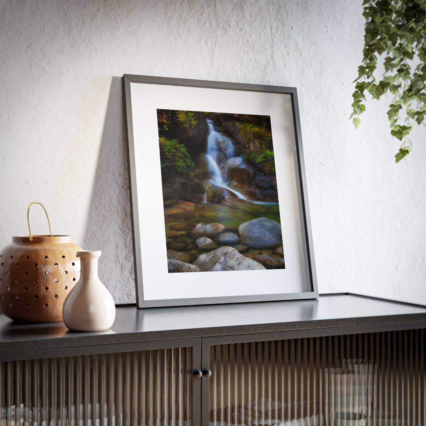 Watercolor styled print of the Ladies Bath falls on a framed matte poster