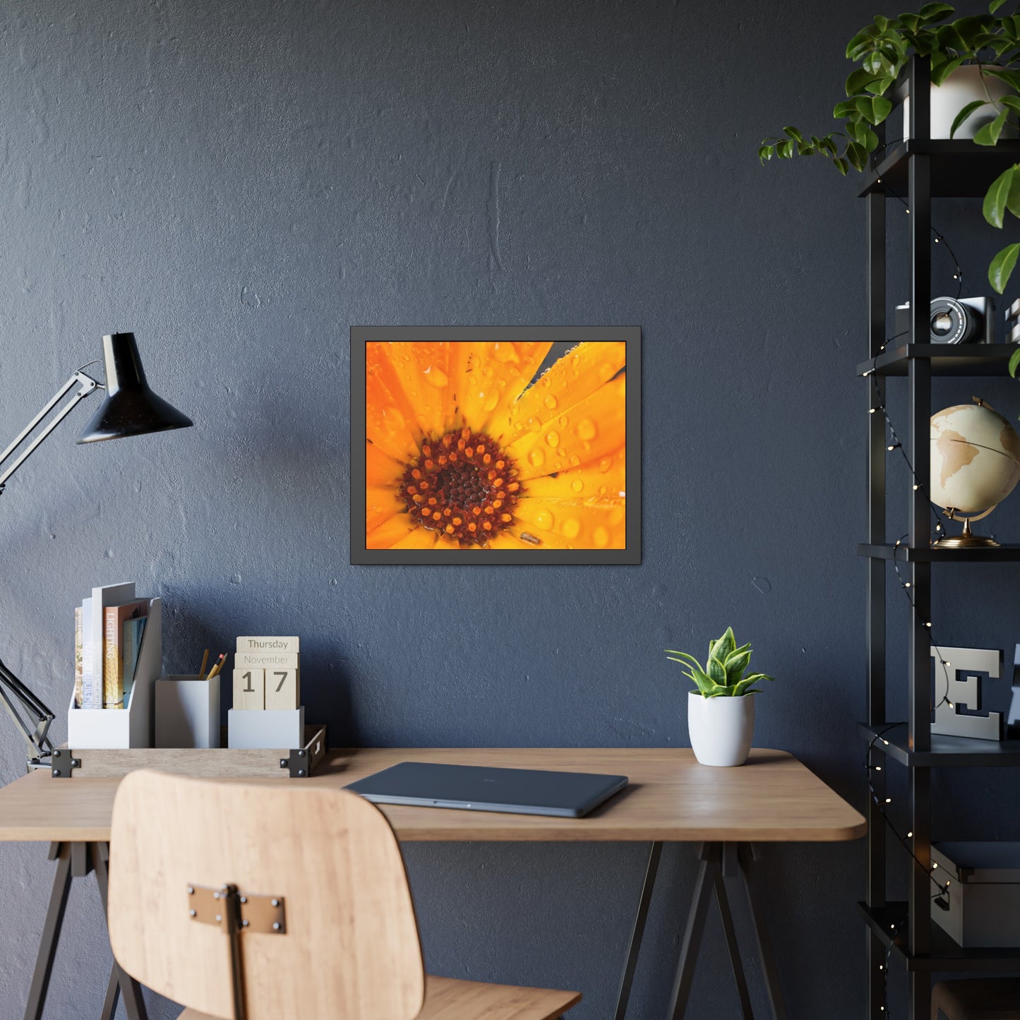 Drenched yellow flower printed on a framed paper poster