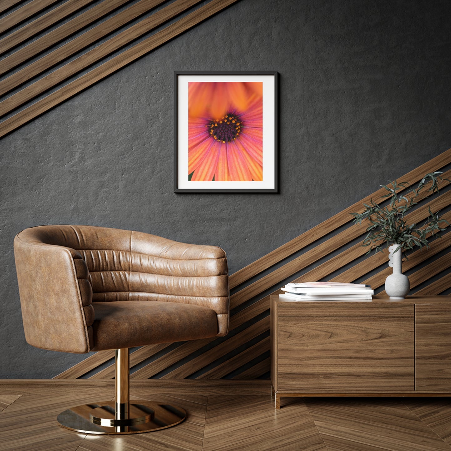 Colorful daisy printed on a framed matte poster