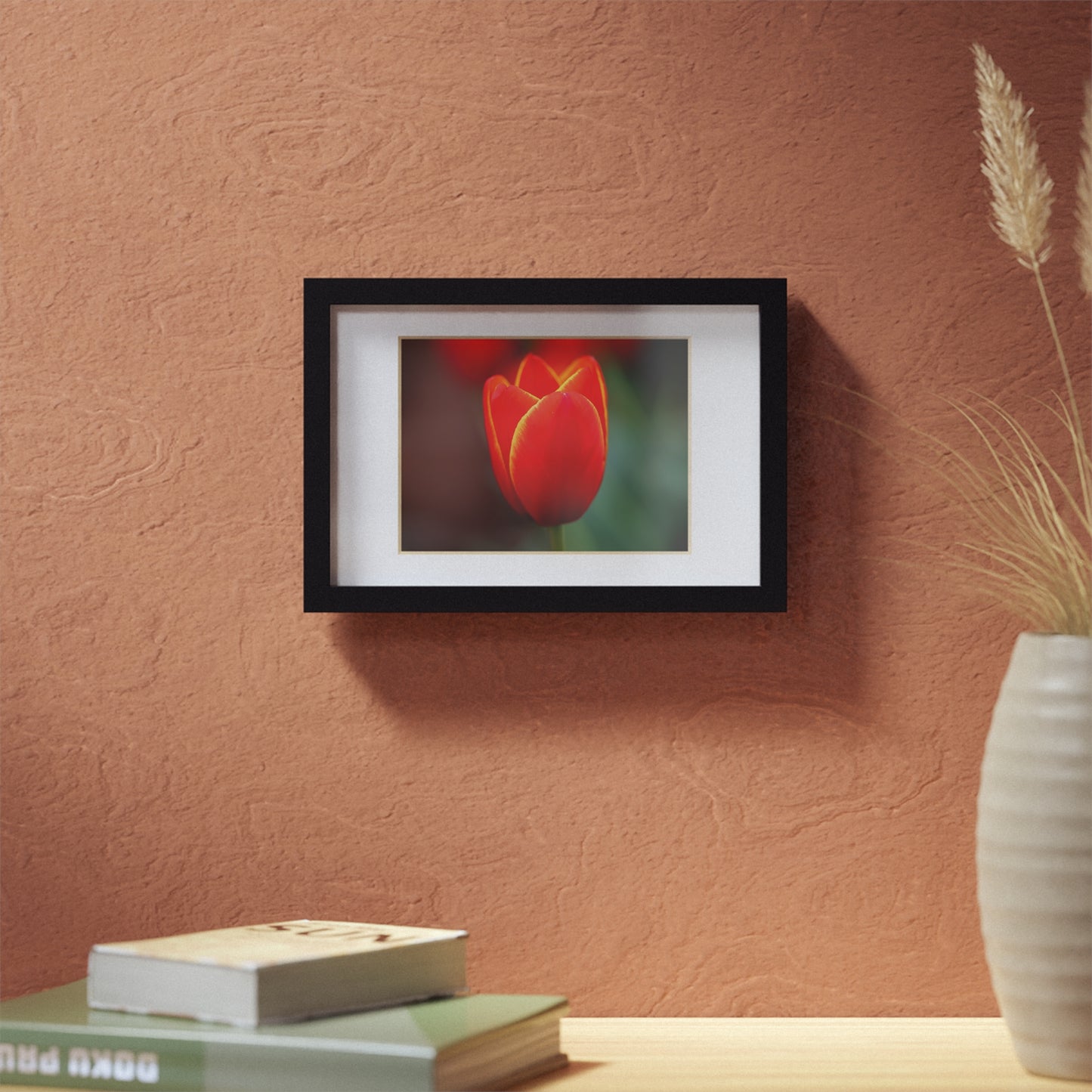 Fiery red and yellow tulip in a black framed poster