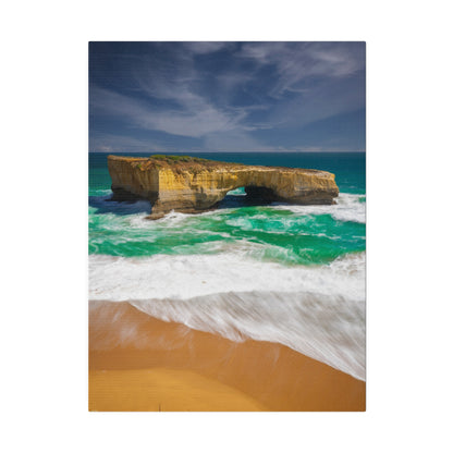 The London Bridge arch with crashing waves printed on a stretched matte canvas