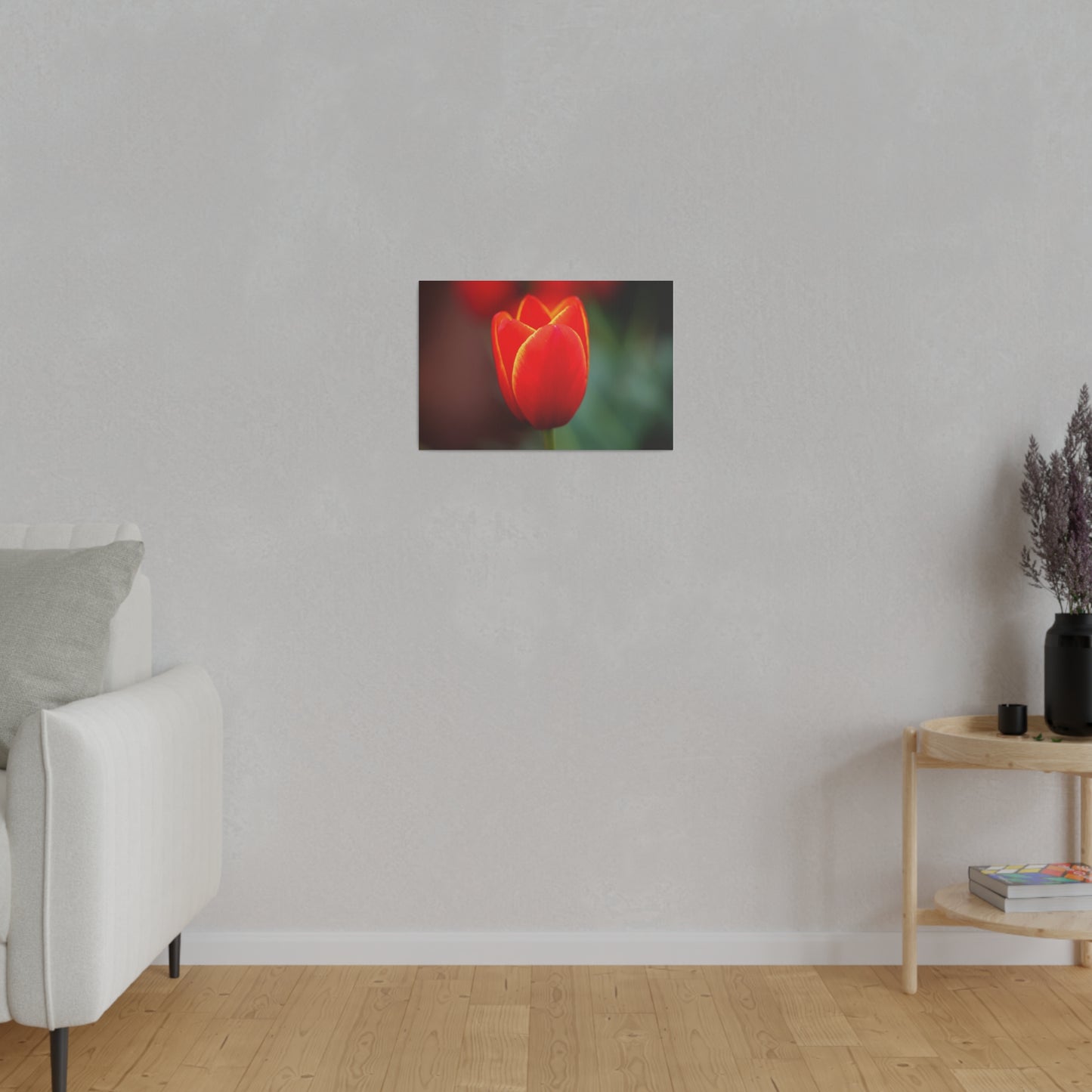 Fiery red and yellow tulip printed on a stretched matte canvas