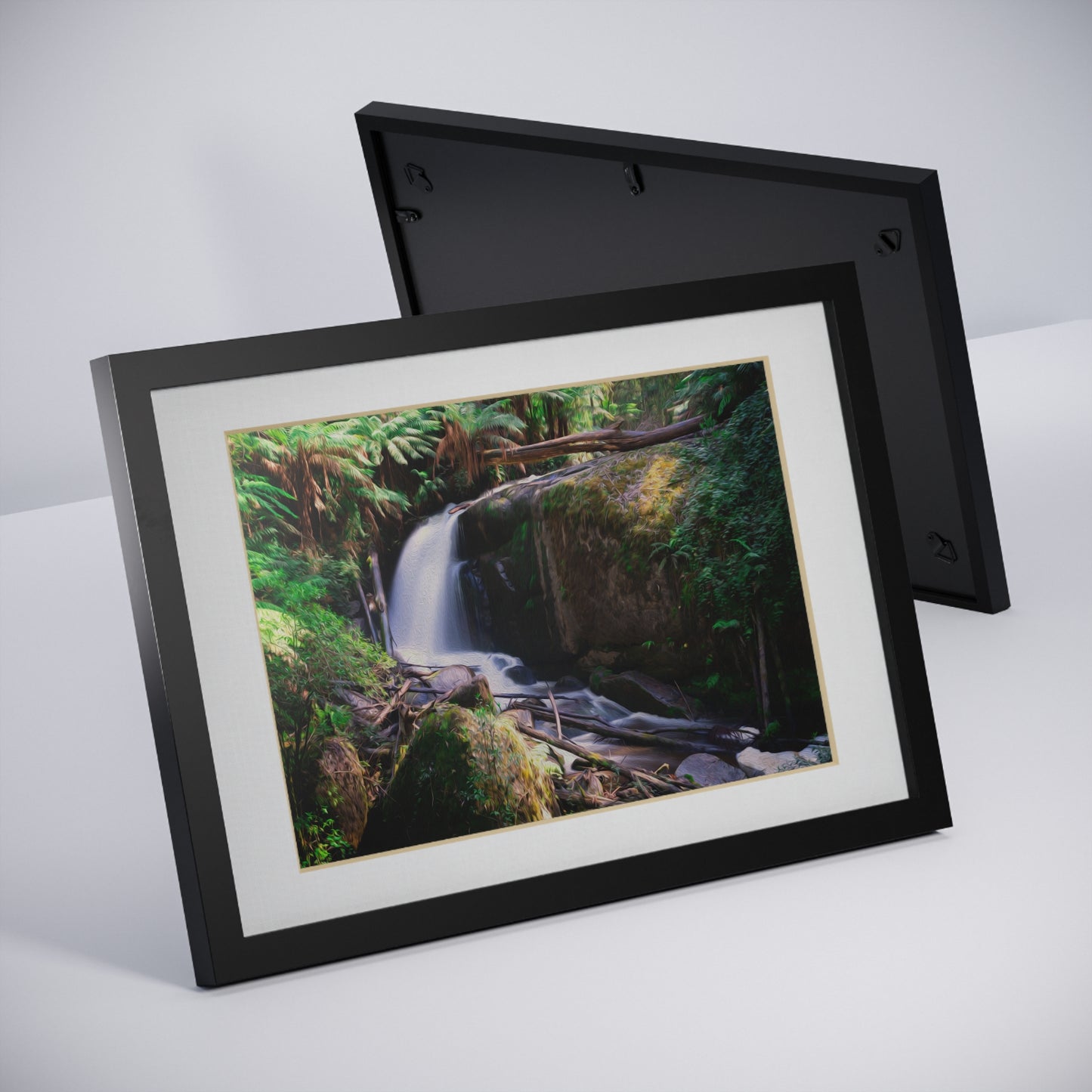 Watercolor styled print of the Amphitheatre Falls on on black framed poster