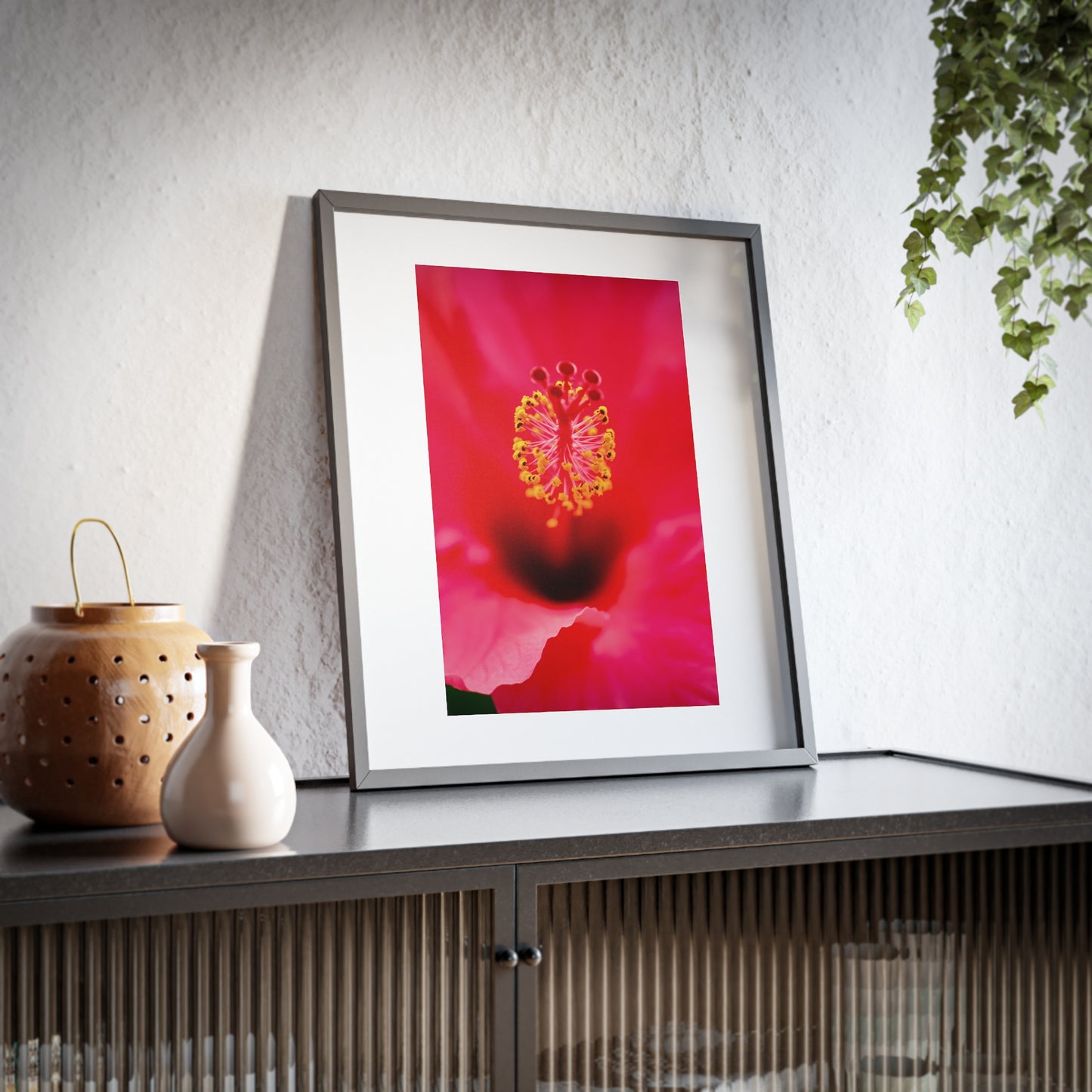 A beautiful hibiscus flower printed on a framed matte poster