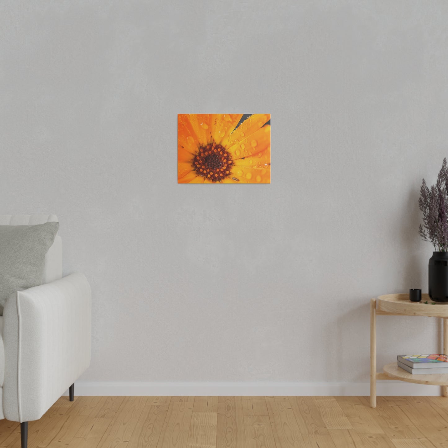 Orange flower petals drenched in dew printed on a stretched matte canvas