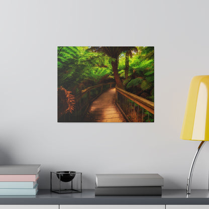 Wooden bridge winding through a lush forest of tall ferns printed on a stretched matte canvas