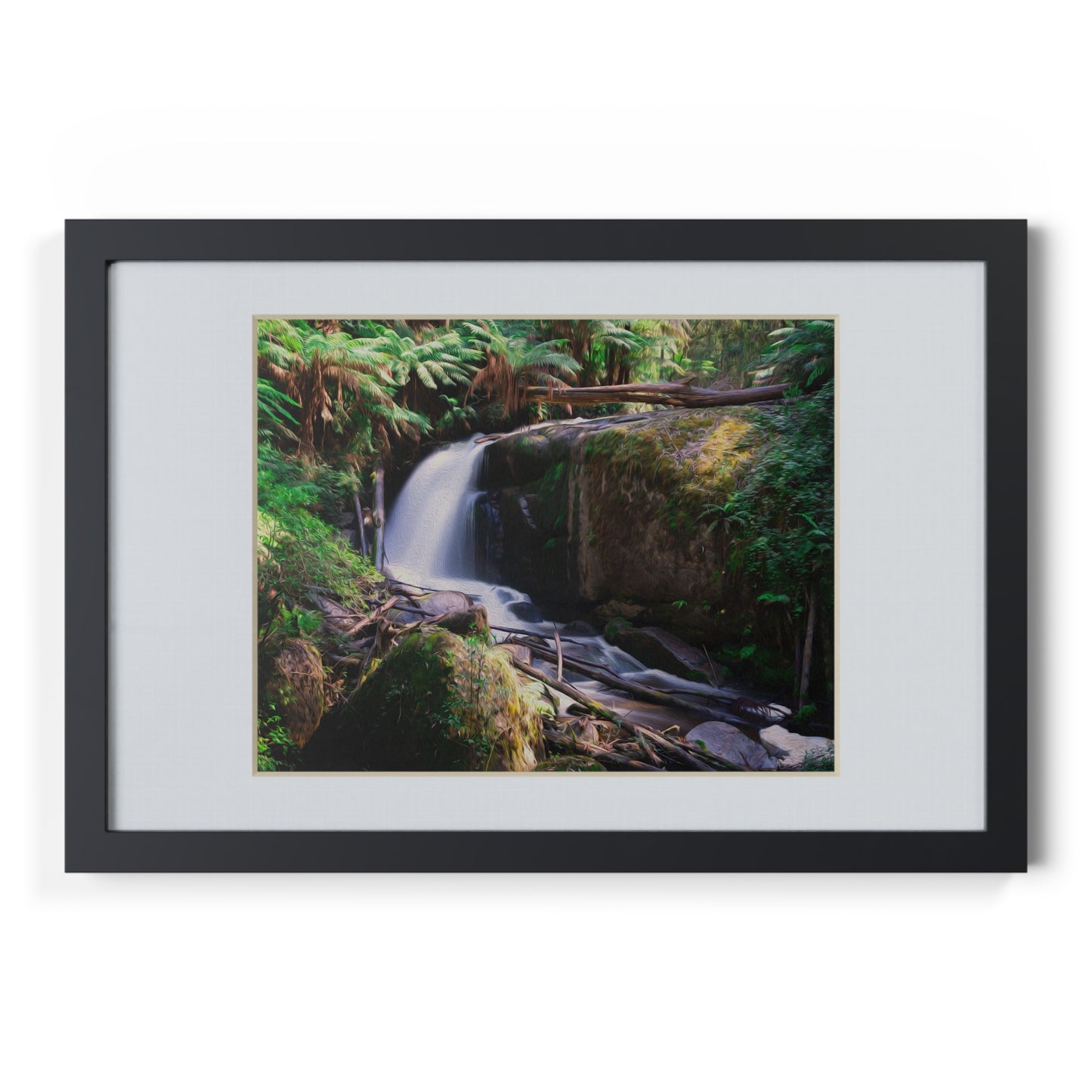 Watercolor styled print of the Amphitheatre Falls on on black framed poster