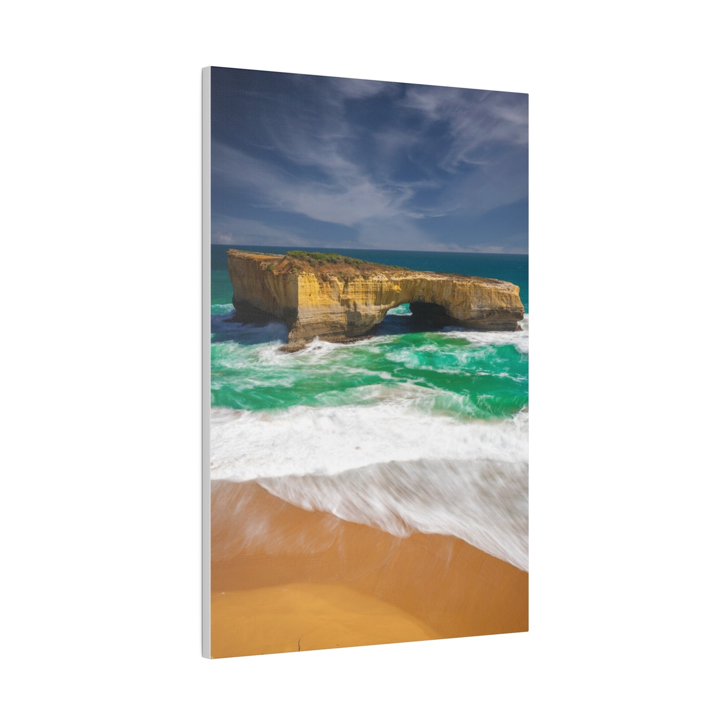 The London Bridge arch with crashing waves printed on a stretched matte canvas