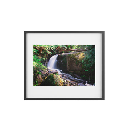 Watercolor styled print of the Amphitheatre Falls on a matte framed poster