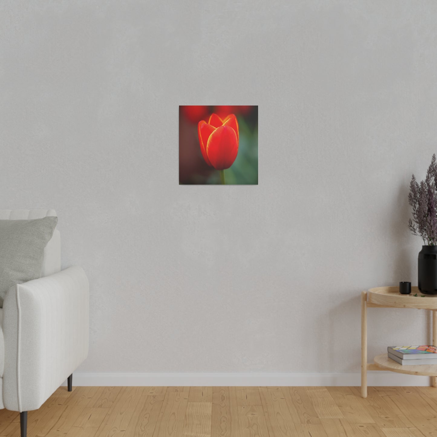 Fiery red and yellow tulip printed on a stretched matte canvas