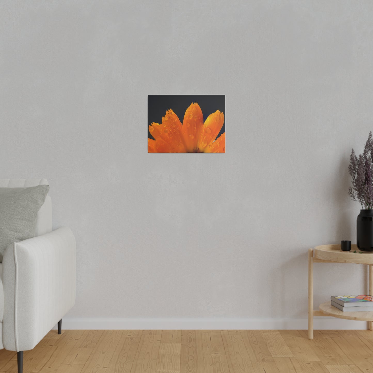 Orange flower petals drenched in dew printed on a stretched matte canvas