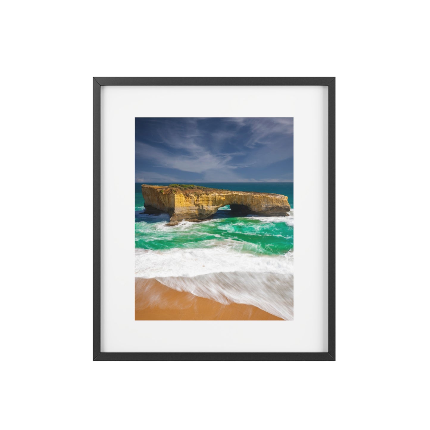 The London Bridge arch with crashing waves printed on a matte framed poster