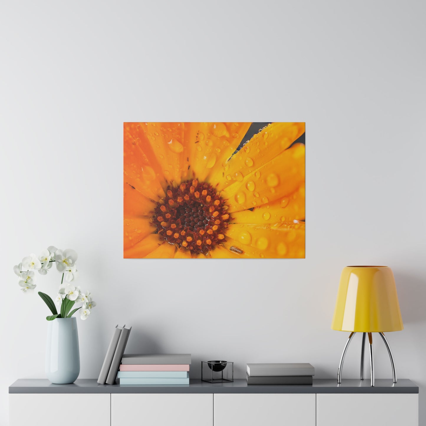 Orange flower petals drenched in dew printed on a stretched matte canvas