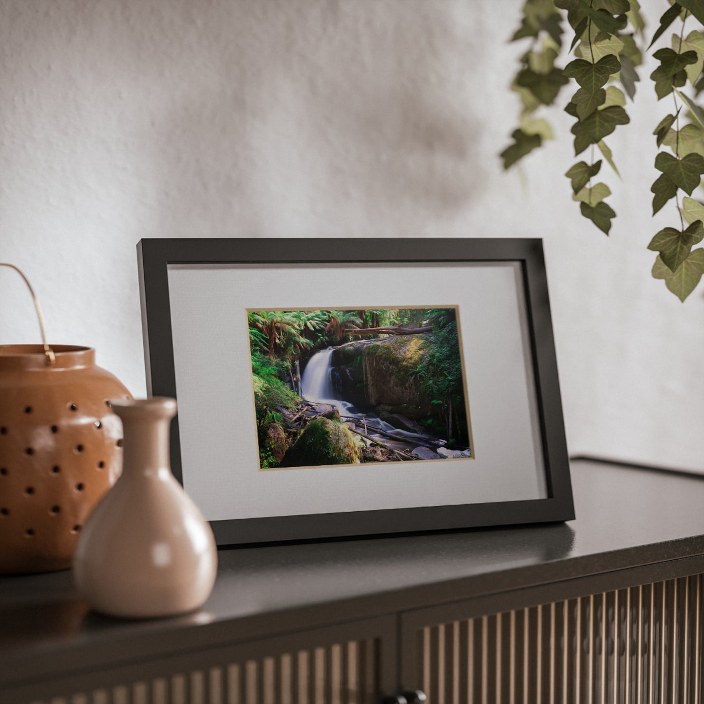 Watercolor styled print of the Amphitheatre Falls on on black framed poster