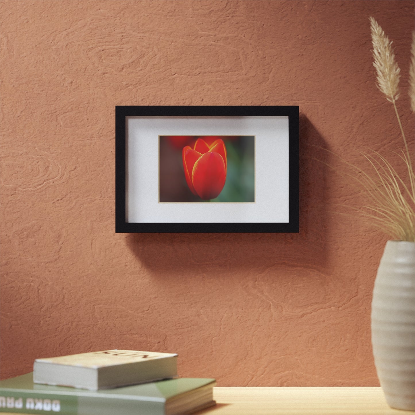 Fiery red and yellow tulip in a black framed poster