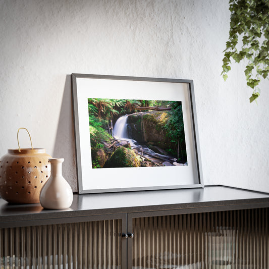 Watercolor styled print of the Amphitheatre Falls on a matte framed poster