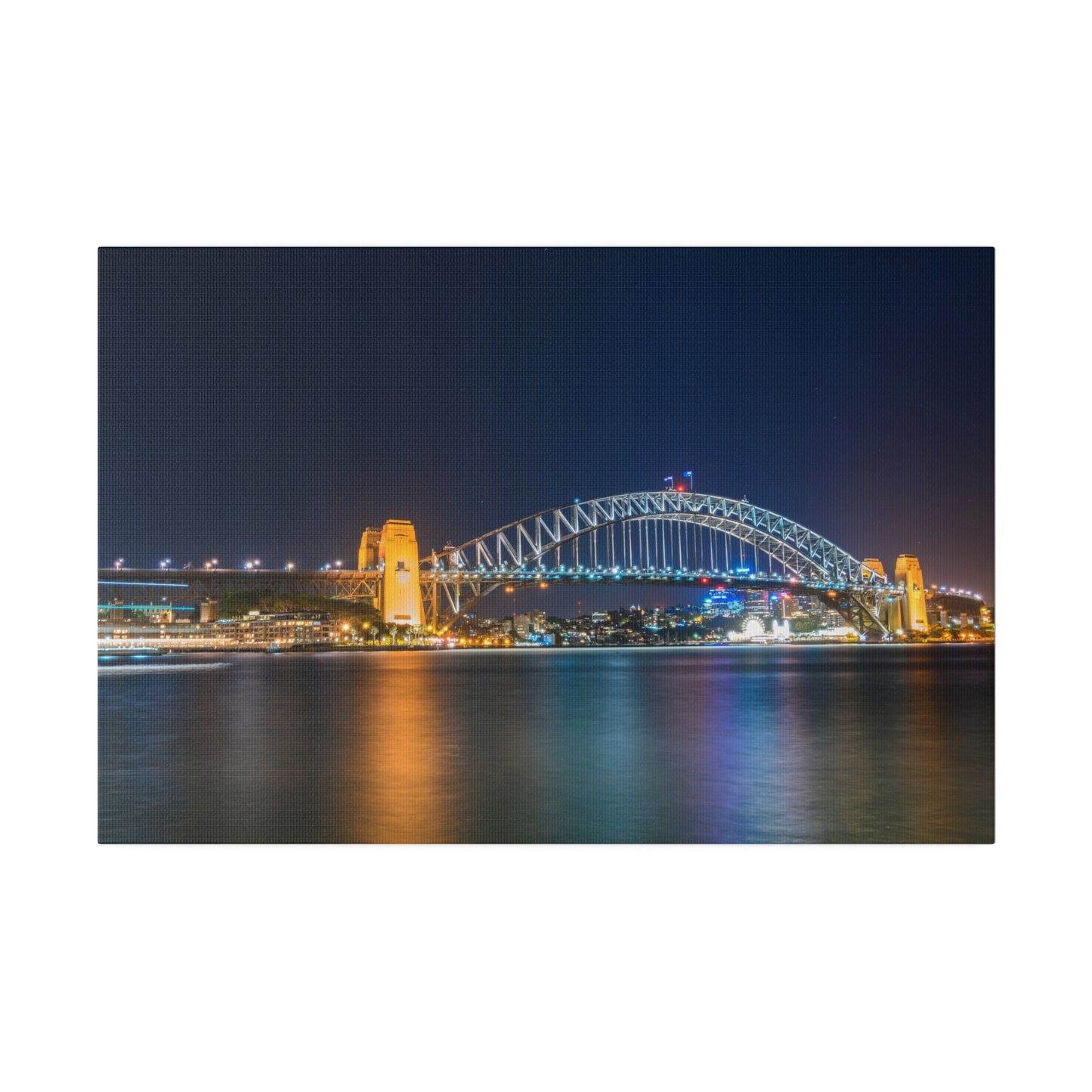 The dazzling Sydney Harbour Bridge at night printed on a stretched matte canvas