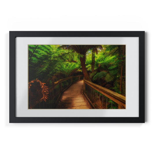 Wooden bridge winding through a lush forest of tall ferns printed black framed poster