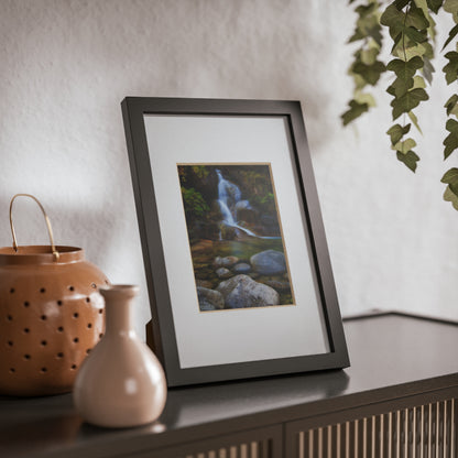 Watercolor styled print of the Ladies Bath falls on a black framed poster