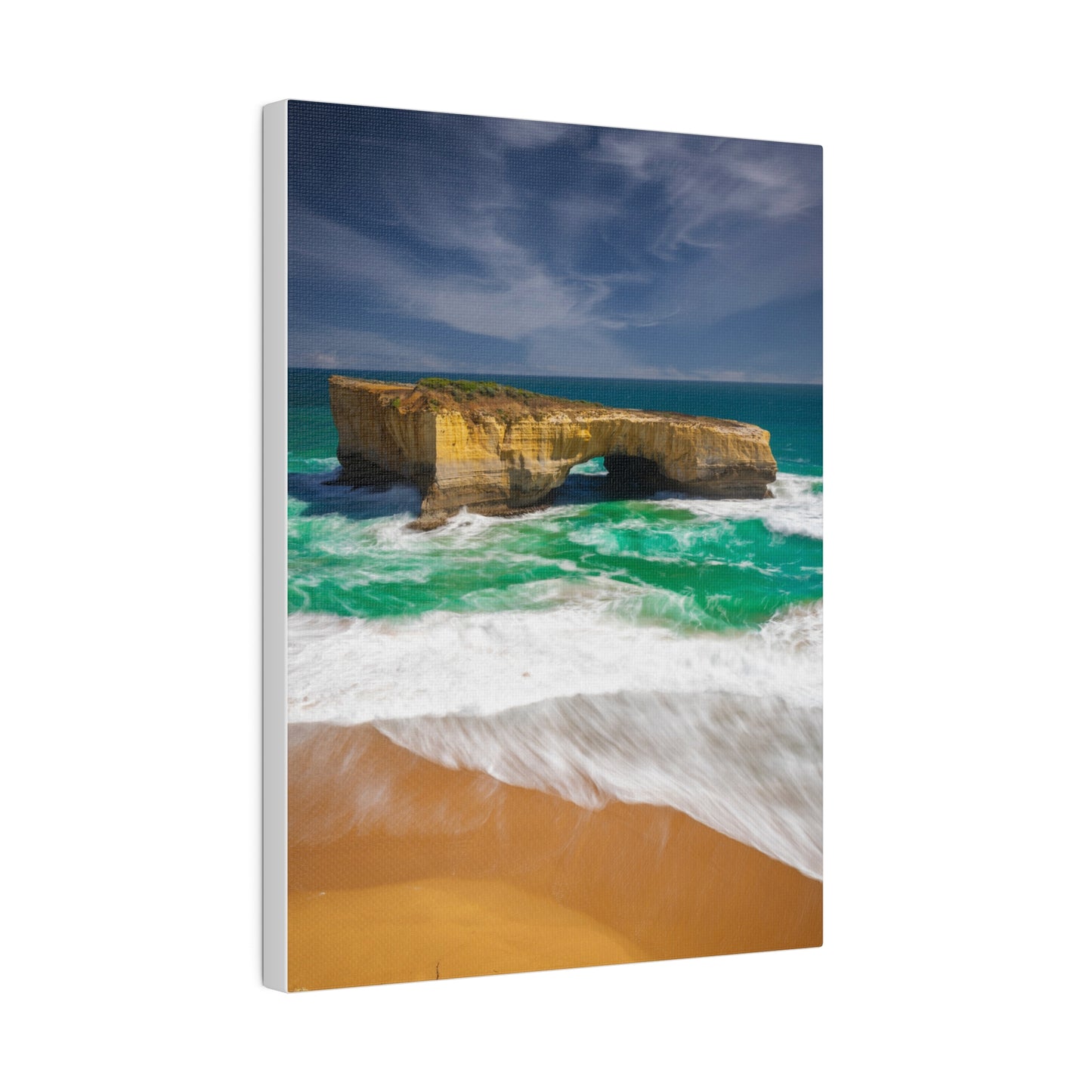 The London Bridge arch with crashing waves printed on a stretched matte canvas