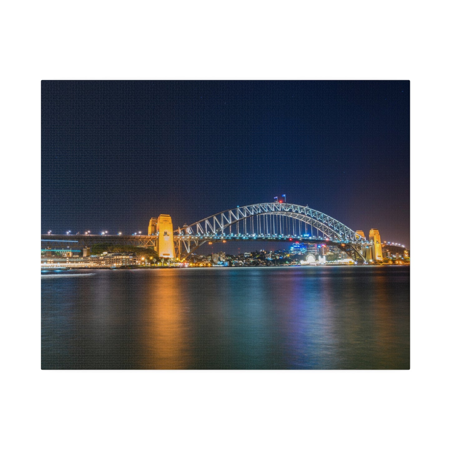 The dazzling Sydney Harbour Bridge at night printed on a stretched matte canvas