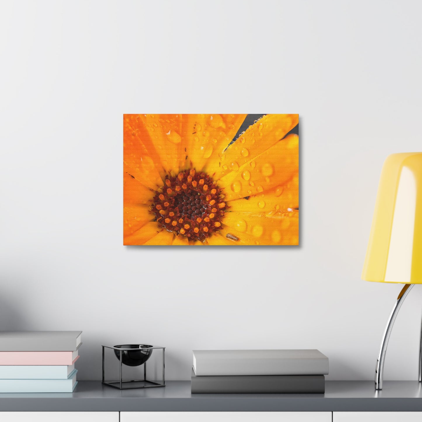 Drenched yellow flower printed on a stretched satin canvas