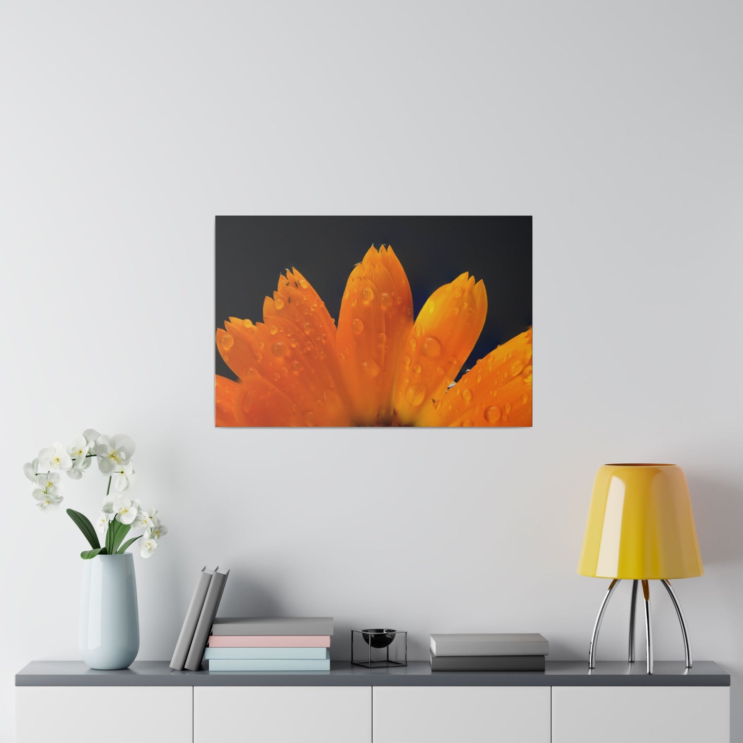 Orange flower petals drenched in dew printed on a stretched matte canvas