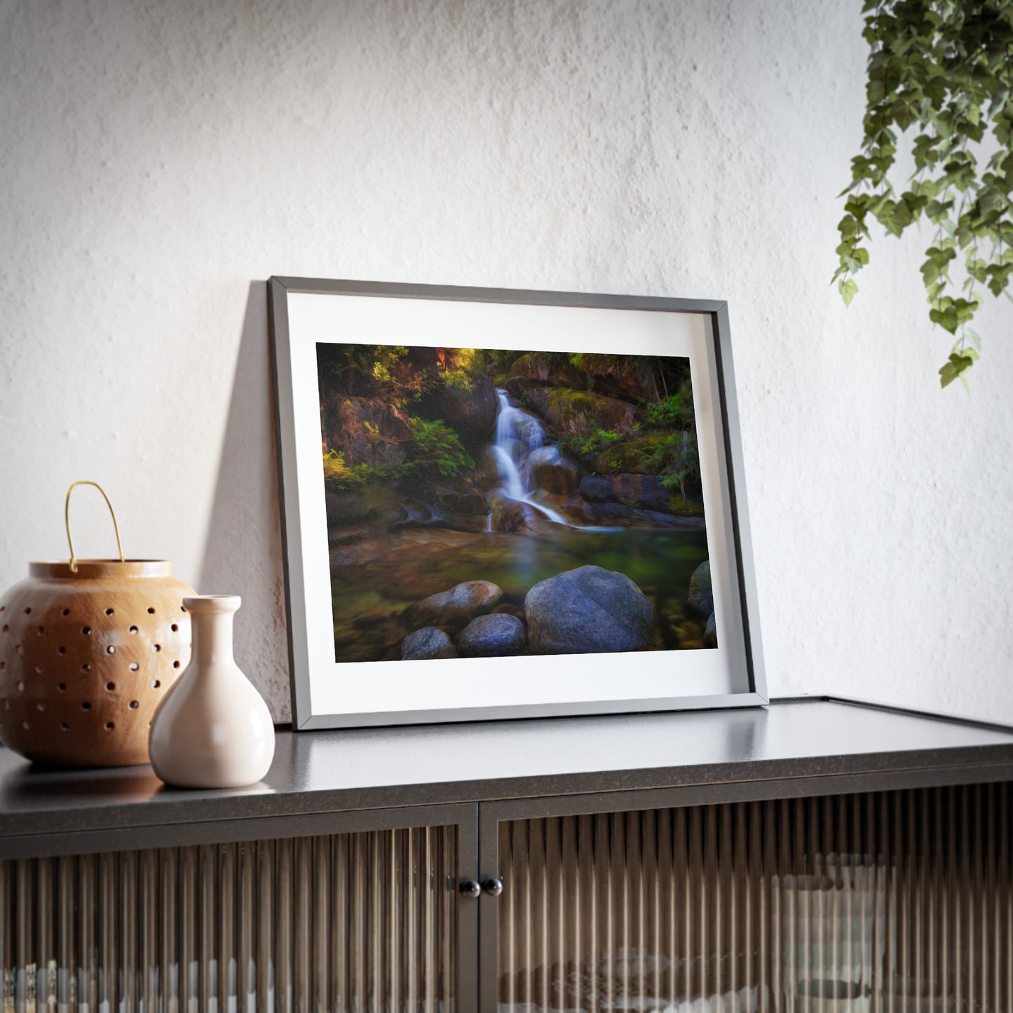 Watercolor styled print of the Ladies Bath falls on a framed matte poster