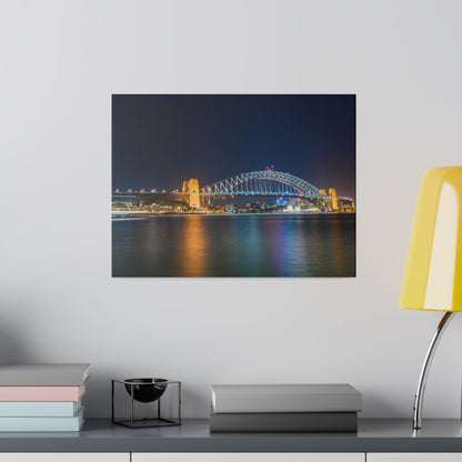 The dazzling Sydney Harbour Bridge at night printed on a stretched matte canvas