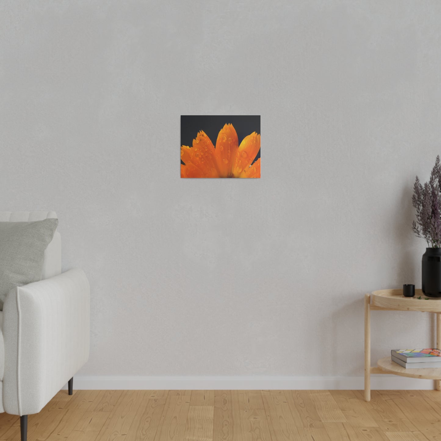 Orange flower petals drenched in dew printed on a stretched matte canvas