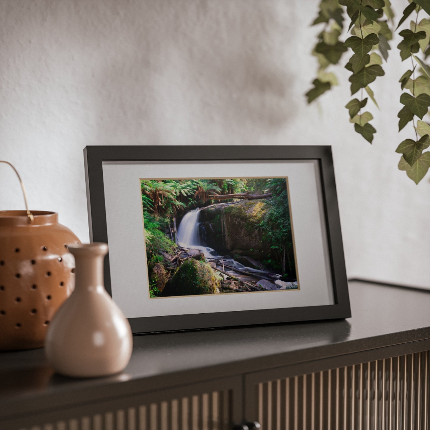 Watercolor styled print of the Amphitheatre Falls on on black framed poster