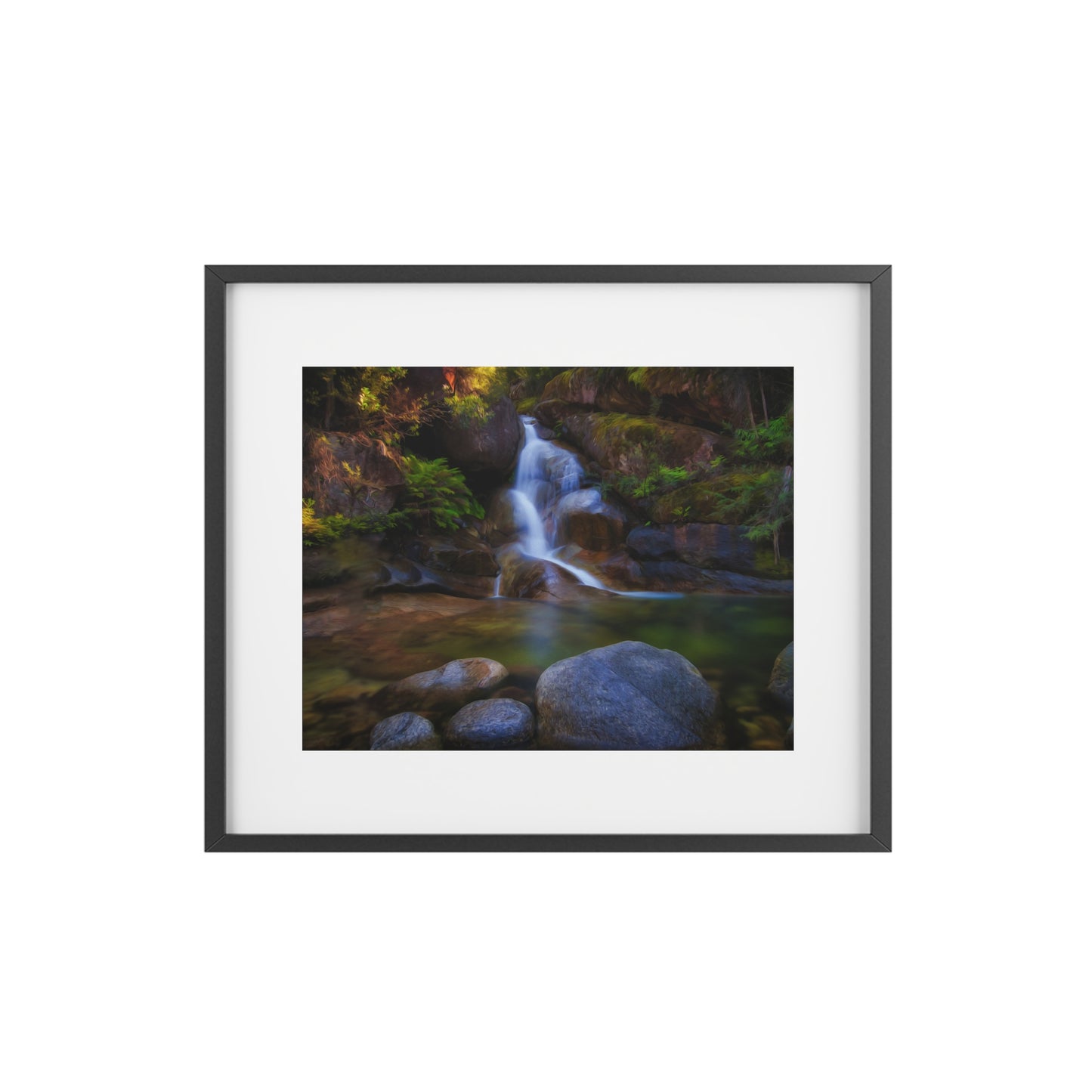 Watercolor styled print of the Ladies Bath falls on a framed matte poster