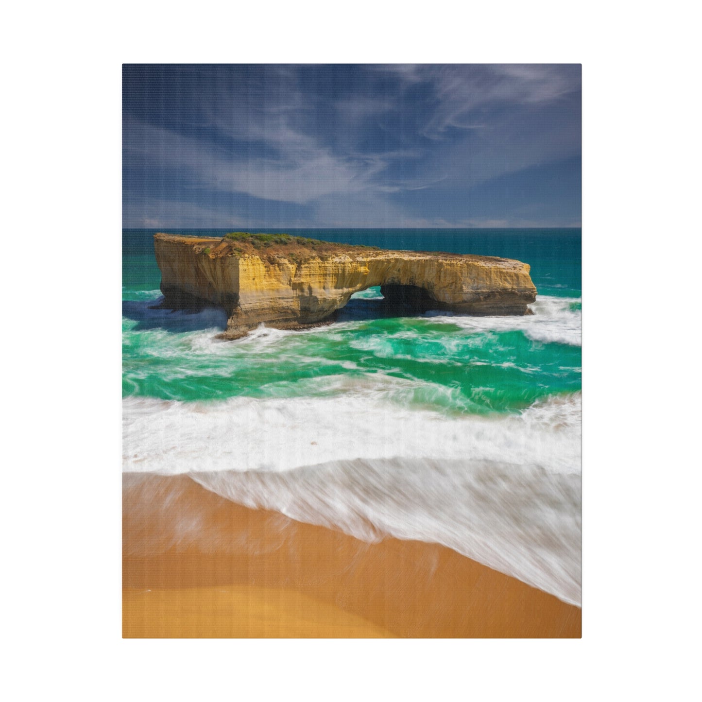 The London Bridge arch with crashing waves printed on a stretched matte canvas