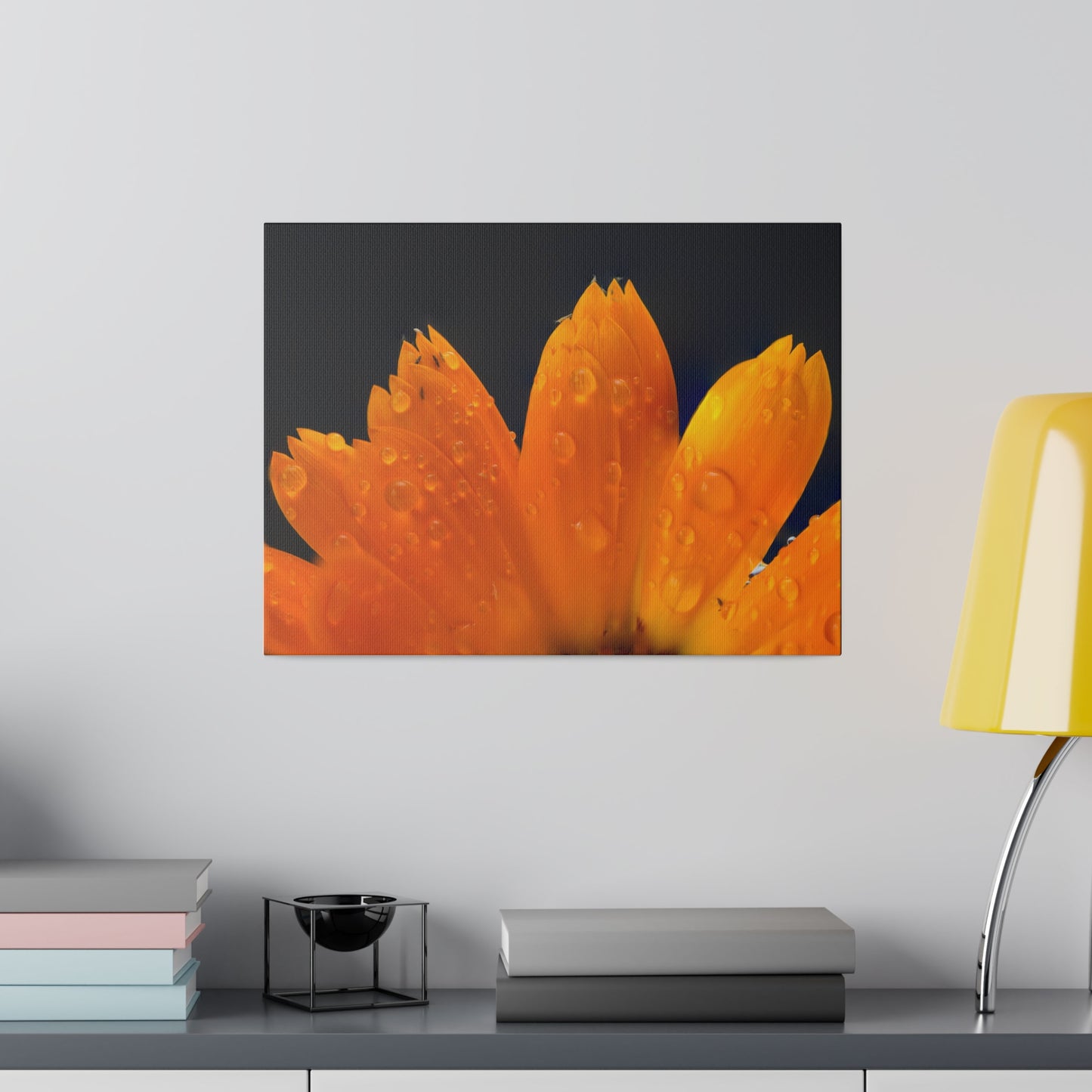 Orange flower petals drenched in dew printed on a stretched matte canvas