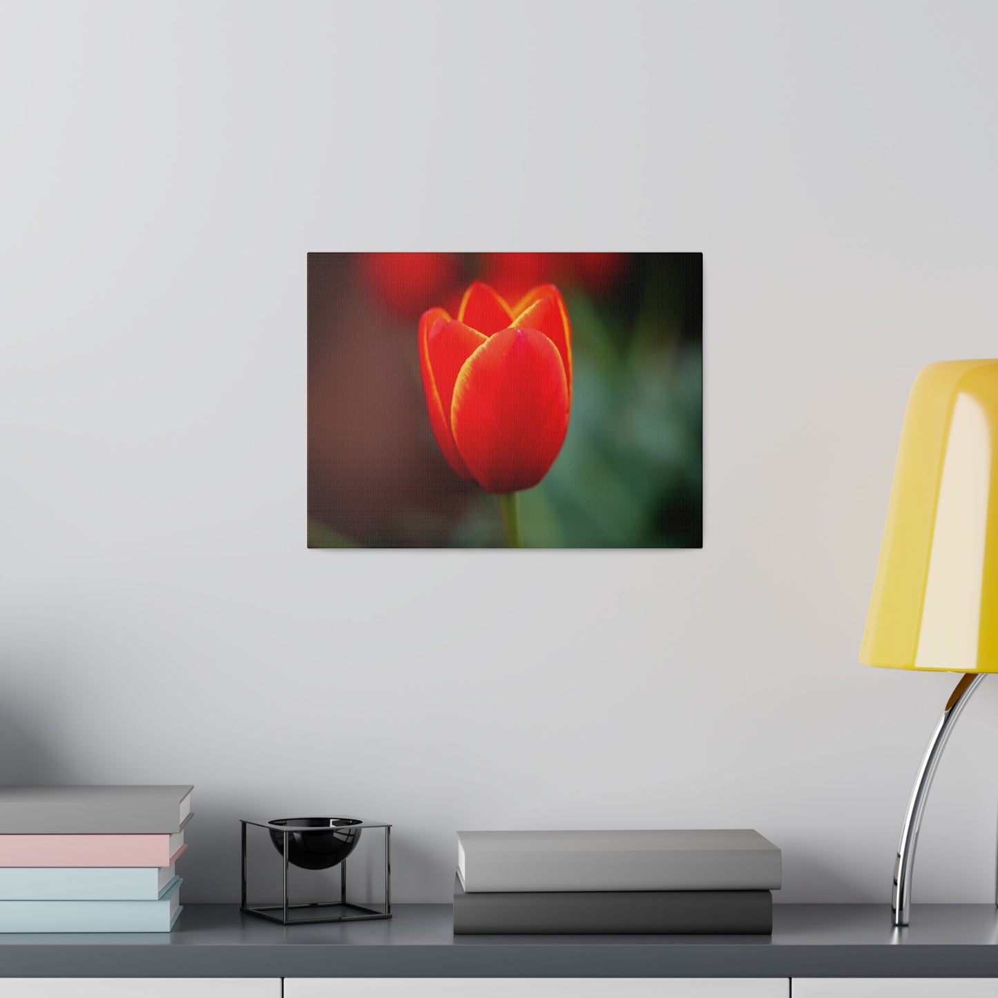 Fiery red and yellow tulip printed on a stretched matte canvas