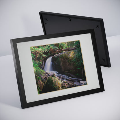 Watercolor styled print of the Amphitheatre Falls on on black framed poster