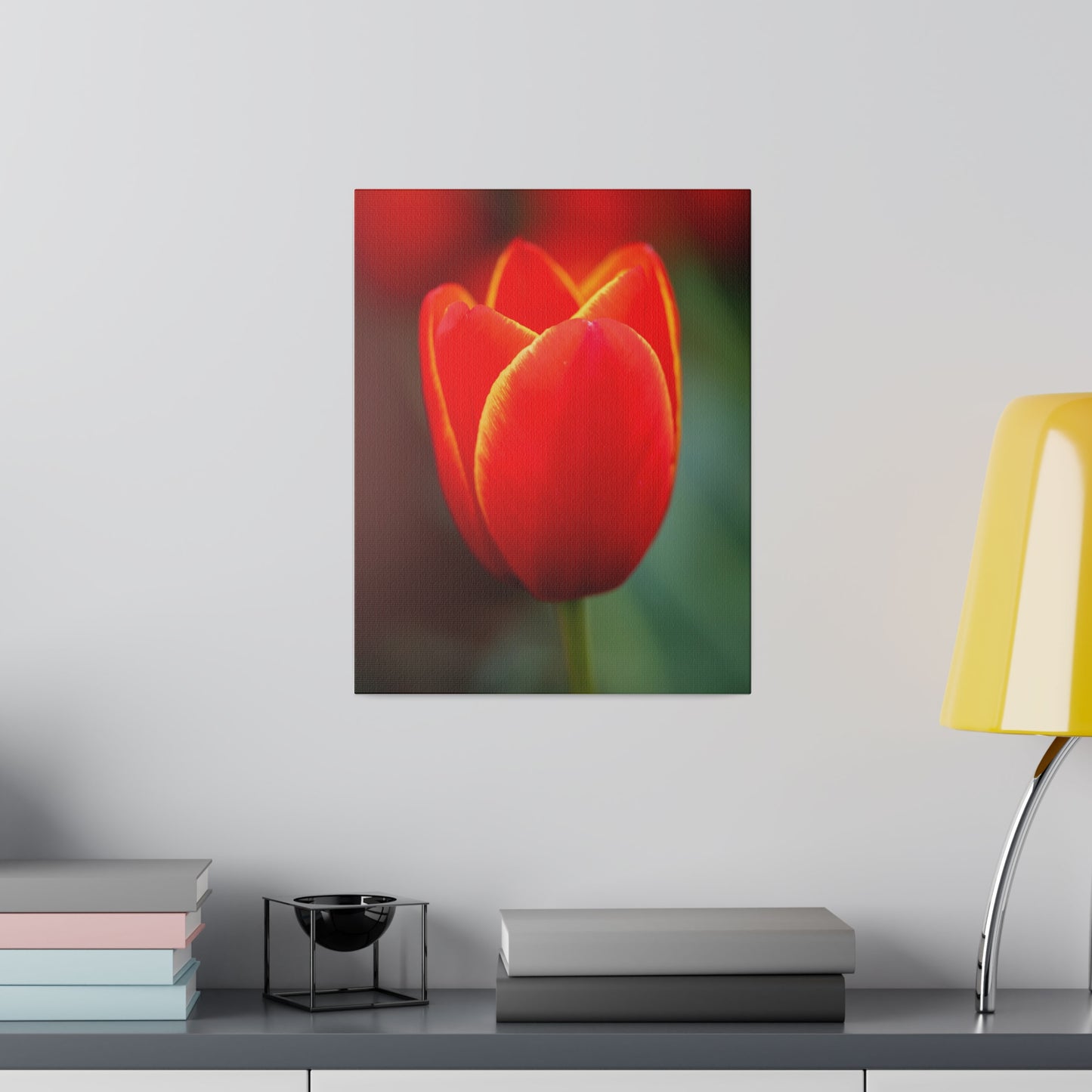 Fiery red and yellow tulip printed on a stretched matte canvas